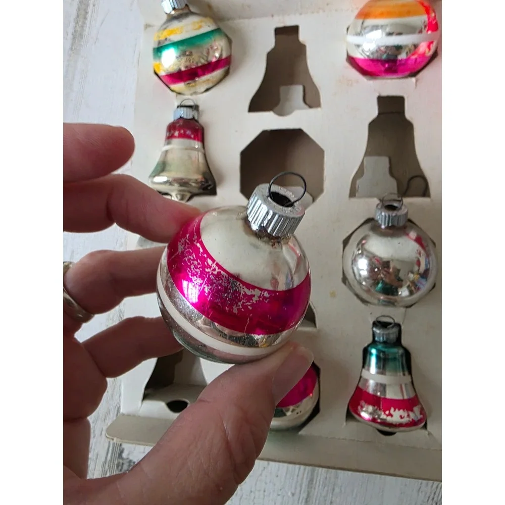 Vintage shiny Brite ornament set Bell striped pink green red box Xmas tree